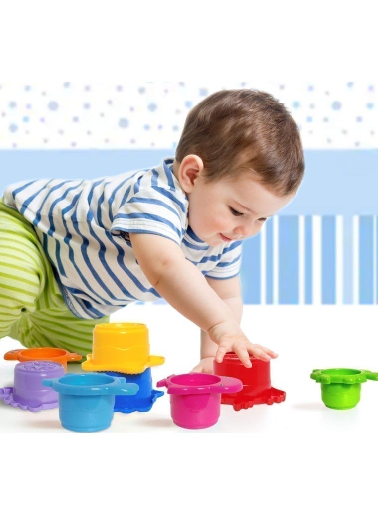 أكواب حمام الأطفال القابلة للتكديس - مجموعة ألعاب شاطئ وحوض استحمام من 8 قطع للأطفال الصغار - خالية من مادة BPA، سهلة التصريف، لعبة مائية تعليمية للأطفال من سن 6 أشهر فما فوق - Image 4